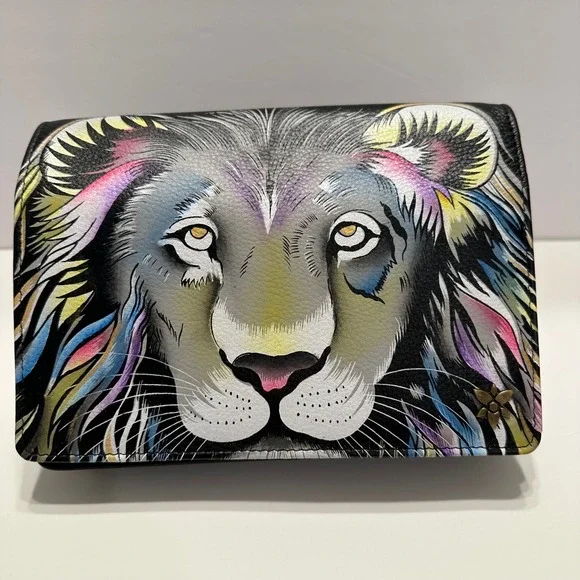 Anuschka Hand Painted Leather Lion Crossbody Wallet Clutch Artisan Black Multi - Picture 14 of 14